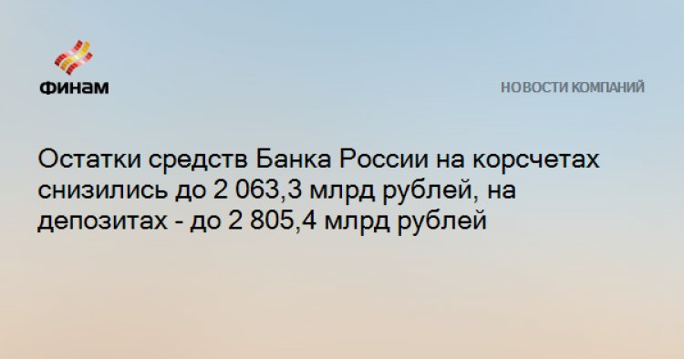 Остатки средств Банка России на корсчетах снизились до 2 063,3 млрд рублей, на депозитах - до 2 805,4 млрд рублей